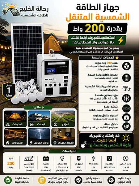 جهاز متنقل بالطاقة الشمسية 200 واط