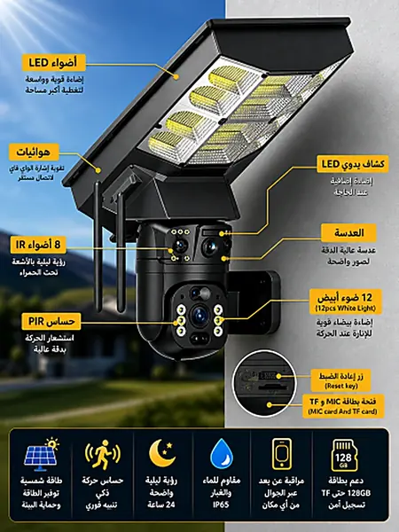 كشاف إنارة مع كاميرا مراقبة ذكية تعمل بالطاقة الشمسية